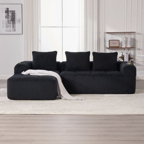 Canapé compact modulable velours côtelé, 3 coussins, poche latérale,
porte-gobelet, confort durable, noir, salon bureau (1/5)