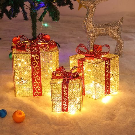 Coffret de colis lumineux de noël à paillettes, boîtes de décoration lumineuses à LED, dorées, alimentées par batterie, 3 pièces (1/4)