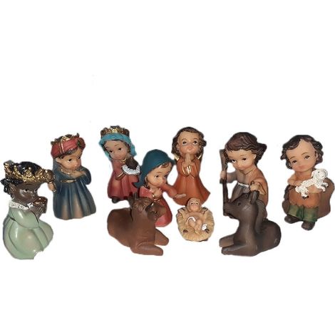 Natività sacra famiglia presepe completo pastorelli statuine decorazioni natale set 11 addobbi idea regalo cm8 in poli-resina (1/5)