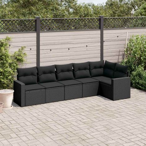 Salon de jardin modulable 6 pièces noir en résine tressée avec coussins amovibles, 2 fauteuils d’angle, 1 angle et 3 sièges centraux (1/5)