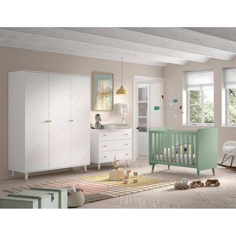 Pack - Lit Bébé, Armoire & Commode "Billy II" 60x120cm Blanc & Vert
