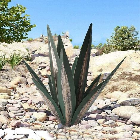 SABIR Ornement de jardin en métal représentant une plante d'agave - Sculpture rustique en métal - Statue de jardin rustique - 35 cm, 9 feuilles (vert) (1/4)