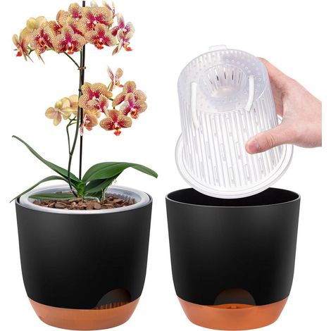 Lot de 2 pots orchidée 18,2 cm, double paroi, auto-arrosant, noir (1/5)