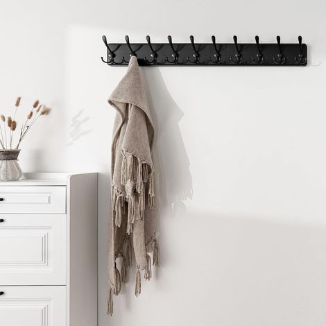 Porte Manteau Mural Bois Noir, Le Style Rustique, 98cm Longue,Grand Porte-manteau Mural avec 10 Crochets Triples Pour suspendre sac à dos, veste, chapeau (1/4)