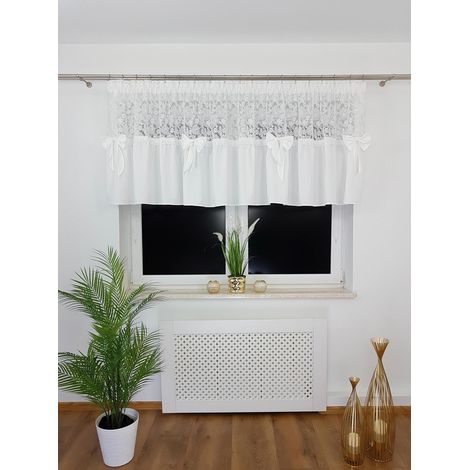 Cortina confeccionada en marquisette de 300x85 cm - Bordado 3D y lazos, cinta fruncidora, color blanco. (1/5)