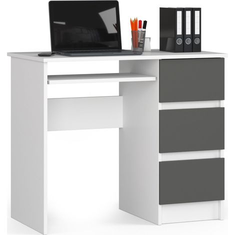 Bureau d'ordinateur AKORD droit A6 Blanc 90 cm 3 tiroirs façade Gris Graphite 1 étagère 90x50x77 cm (1/4)