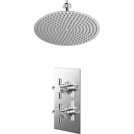 Cross Polished Chrome Concealed Twin Thermostatic Shower Valve and 400mm Thin Round Fixed Head with 150mm Ceiling Arm - 1 Outlet (1/5)