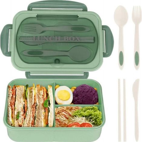 lunch box avec 3 compartiments et cuillère fourchette 1200 ml, bento étanche sans BPA, boite repas pour micro-ondes, vert (1/5)
