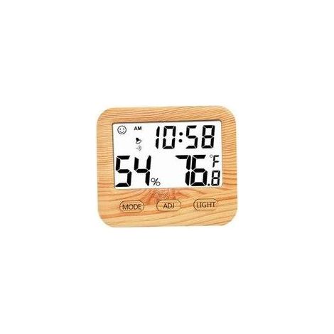 Termómetro higrómetro digital para interiores, medidor de temperatura y humedad de madera con reloj de escritorio para dormitorio y oficina, pantalla de tiempo de prueba precisa, probador (1/5)