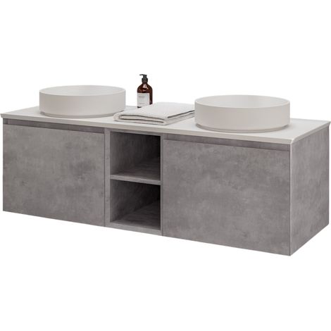 BERNSTEIN - Mobile lavabo sospeso in cemento MDF lavabo Ghisa bianco opaco + 2 cassetti centrali e ripiani - 150x45x52cm - INALCO 1500 Grigio effetto cemento (1/5)
