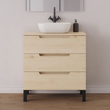 Meuble de salle de bain 70cm avec plateau et vasque à poser arrondie - sans miroir - 3 tiroirs - roble calima (bois clair) - RIZA (1/5)