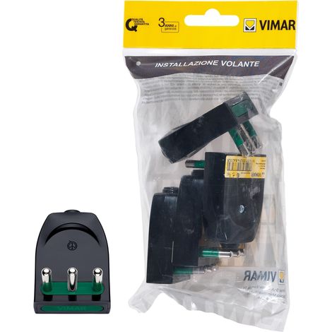 Vimar RI.00204 Spina SICURY 2P+T 16 A 250 V, spinotti orientabili in linea o a squadra, standard italiano tipo S17-SPB17, uscita cavo assiale (1/2)
