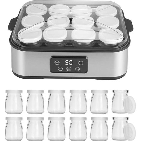 Yaourtière Électrique 2200 ml, avec 12 × 180 ml Pots en Verre, Machine à Yaourt Digitale Inox, Yaourtière Automatique pour Yaourt Maison, Fromage ou Natto (1/5)