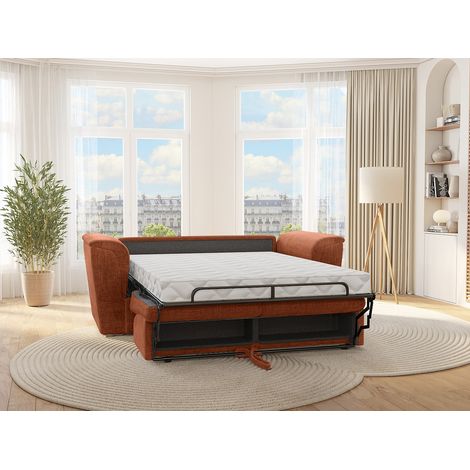 Canapé 3 places convertible express en tissu texturé terracotta - Couchage 140 cm - Matelas 14 cm - RIZORA (1/4)