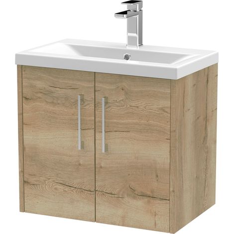 Winshill Contemporary 2 Door Wall Hung Vanity Unit with Mid-Edge Basin, Light Oak, 600mm