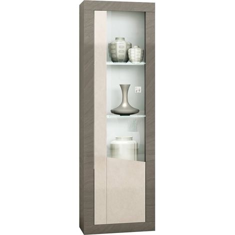 GONDOR - Vitrine 1 Porte Droite Décor Bois Gris Veiné et Beige avec Leds (1/3)