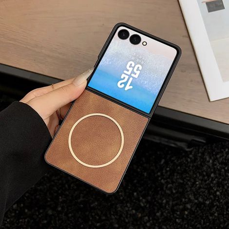 Étui de téléphone (couleur café, Galaxy Z Flip7 FE) en similicuir rétro, avec chargement magnétique