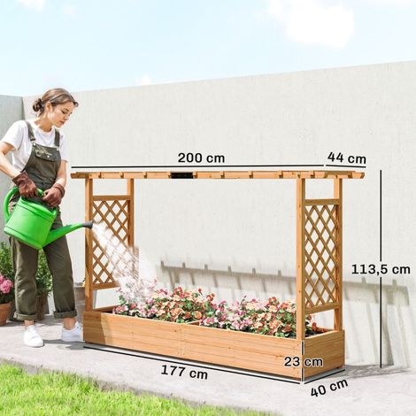 Jardinière surélevée treillis latéral supérieur drainage 200x44x113,5cm bois naturel (1/5)
