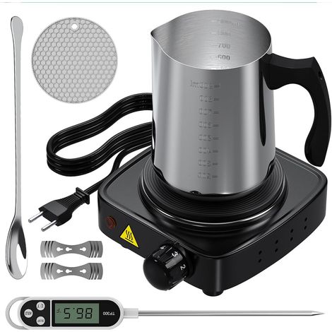 Kit de fabrication de bougies professionnel - Pot d'arrosage en acier inoxydable de 900 ml + outils - Kit complet pour débutants et professionnels, avec thermomètre (1/5)