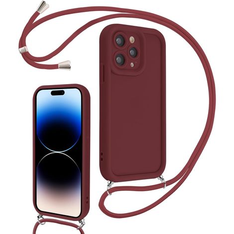 Coque pour iPhone 14 Pro Max 6,7" avec Cordon de Collier Réglable, Etui Protection de la Caméra Silicone Souple TPU Antichoc Housse avec Corde Lanyard Cover pour Femmes Filles, Rouge (1/5)