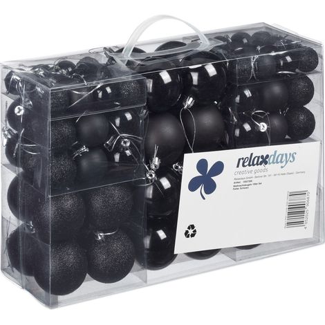 Relaxdays Christmas Baubles Set of 100, Festive Ornaments, Matt, Shiny, Glitter, Tree Balls ∅ 3, 4 & 6 cm, Black