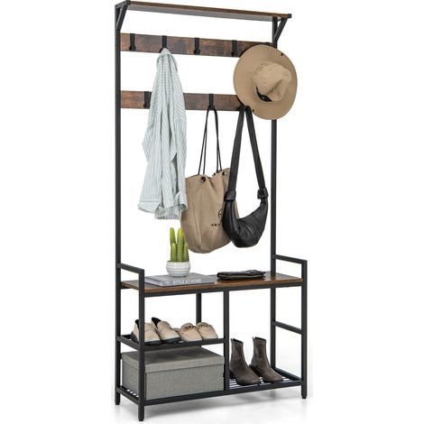COSTWAY 3-in-1 Coat Rack Hall Tree with Shoe Bench & Shoe Storage-Coffee (1/5)