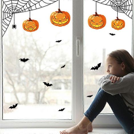 Pegatinas espeluznantes para ventanas de Halloween, adhesivos removibles de calabazas de Halloween para ventanas, decoraciones reutilizables de murciélagos y arañas para ventanas de Halloween para la (1/5)