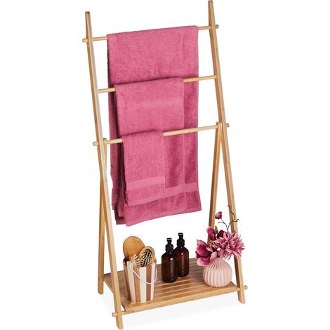 Relaxdays Handtuchleiter Bambus, 3 Stangen, 1 Ablage, HBT: 110 x 53 x 31,5 cm, klappbar, Standhandtuchhalter Bad, natur