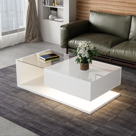 Table basse laquée design moderne avec plateau en verre trempé, éclairage LED 16 couleurs et tiroir de rangement pour salon, 105 x 55 x 32,5 cm - blanc (1/5)