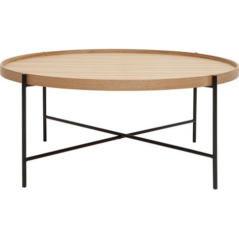 Mesa de centro redonda de madera clara y metal negro 90 cm BASSY (1/3)