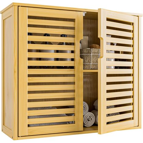 Armoire Salle de Bain Murale, Armoire à Pharmacie en Bambou 2 Portes avec Étagère Réglable, Meuble de Rangement Suspendu pour Salon, Cuisine et Entrée, Naturel (1/5)