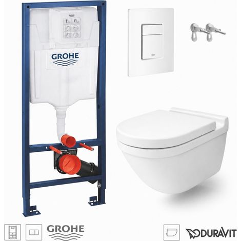 Pack WC inodoro suspendido con bastidor GROHE rapid c/pulsador blanco alpino c/wc Starck 3 blanco brillo suspendido Rimless Duravit (1/4)