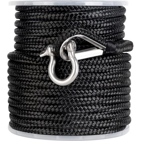 Corde d'amarrage en nylon noir pour bateau, ligne de remorquage nautique, 100 ft (30 m), avec boucle à étrier en métal, équipement d'accostage (1/5)
