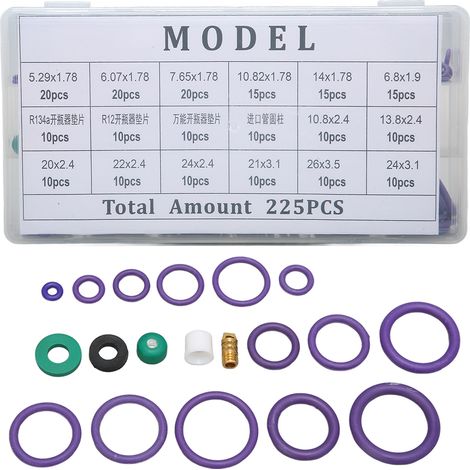 Kit de 225 joints toriques pour climatiseur automobile, assortiment de 14 tailles avec rondelles d'espacement, pour l'industrie mécanique et la maison. (1/5)
