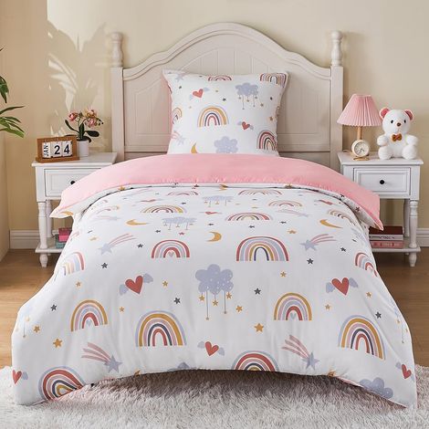 Housse de Couette 135x200 Enfant Fille Rose Arc-en-Ciel avec Taie d'oreiller 80x80cm Parure de Lit 1 Personne en Microfibre Multicolore 3D Motif Imprimé Etoile Lune Cadeau Garçon Fête (1/5)