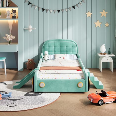 Letto singolo per bambini 90 x 200 cm a forma di auto, con scivolo e scala montabili a destra o sinistra, design giocoso per cameretta (1/5)