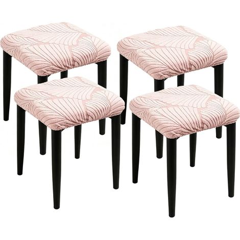 JSSEVN - 4 pcs Housses Extensibles for Tabourets Carrés, Housses de Siège à Motif Feuille Jacquard for Tabourets de Salle à Manger et Coiffeuse 30-36cm(Rose) (1/3)