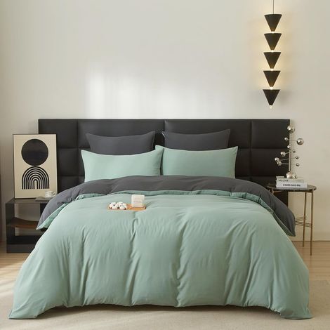 Housse de Couette Coton 140x200cm Vert Sauge - Parure de Lit Adulte 1 Personne - Naturel - Doux et Respirant - Linge de Lit avec Fermeture Éclair - 2 Taies d'oreiller 65x65 (1/5)