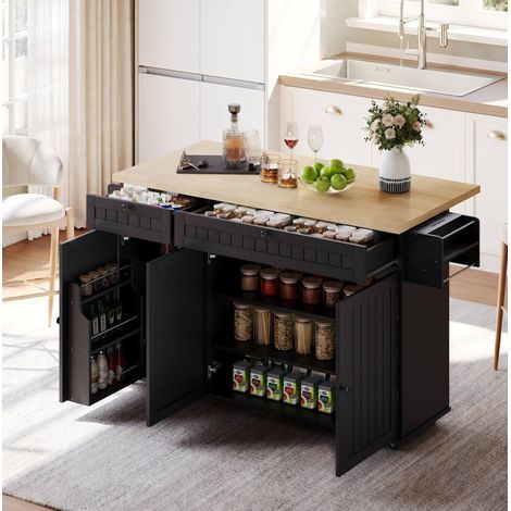 Îlot de cuisine 137 x 89,5 x 45 cm en MDF naturel/noir avec plateau rabattable et rangements (1/5)