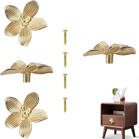 Lot de 4 boutons de tiroir en forme de fleur, poignées décoratives pour meubles et armoires, design doré (1/5)