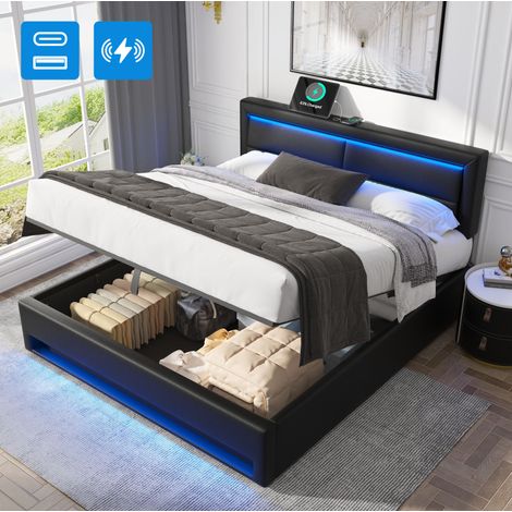 Letto contenitore 160x200 cm, letto matrimoniale imbottito con porta USB e illuminazione LED, in similpelle, nero, senza materasso (1/5)