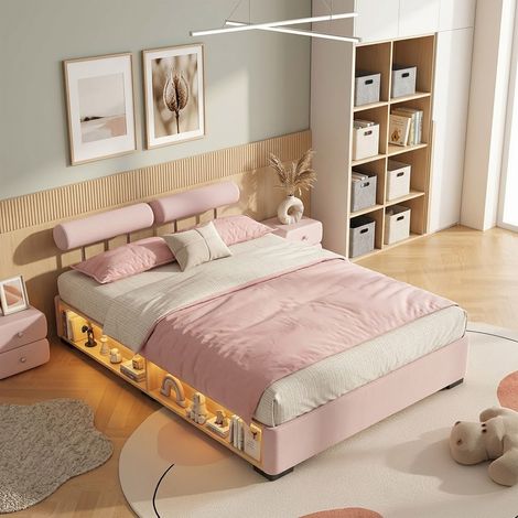 Lit enfant capitonné rose 140×200 cm lit bas, étagère latérale LED, rangement ouvert, tête de lit modulable adaptable sur 3 côtés, lit double (sans Matelas) (1/5)