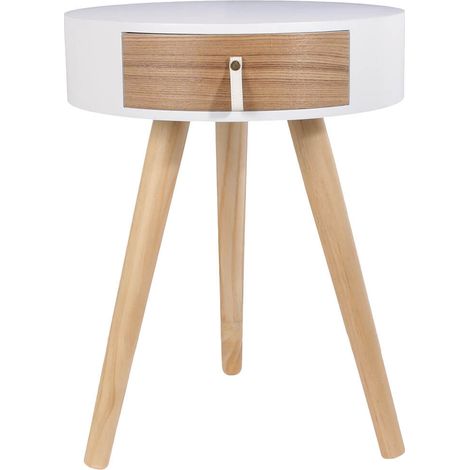 Chevet Rond 1 Tiroir Blanc et Effet Bois Style Scandinave Vintage - MEALIA (1/3)