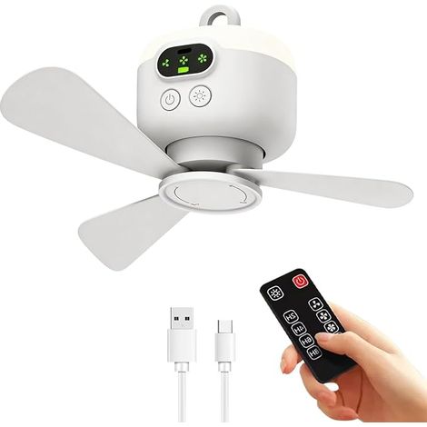 Ventilador de techo con luz para camping, ventilador USB con control remoto, lámpara LED para camping con ventilador recargable, 8000 mAh silencioso, 3 velocidades ajustables para coche y pesca. (1/5)