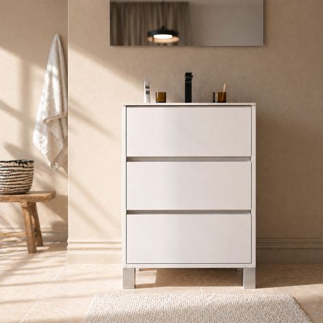 pack meuble salle de bains 50cm laqué blanc 3 tiroirs avec vasque céramique blanche - xenos (1/5)