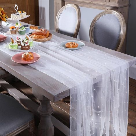 Nappe De Table En Mousseline Perlee - 200 x 160 cm - Blanc - Pour Decoration De Mariage Ou Evenement Festif - 1 Piece (1/5)