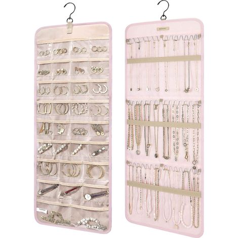 Pochette à bijoux, organisateur de bijoux suspendu, rouleau de rangement, porte-bijoux double face avec crochets métalliques, rose (1/5)