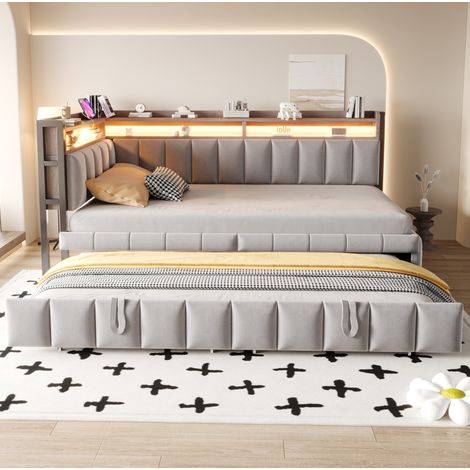 Divano letto 90x200 cm in velluto grigio chiaro con LED e USB-C, salvaspazio – MEUBLIV (1/5)