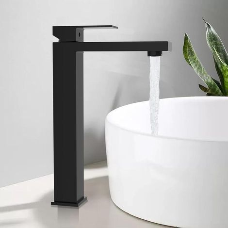 Waschtischarmatur Schwarz Matt, Hoher Wasserhahn für Aufsatzwaschbecken, Einhebelmischer Edelstahl (1/5)