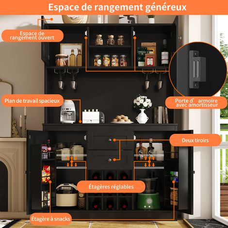 Meuble de cuisine avec étagères réglables et casier à vin, armoire haute buffet avec 4 portes et 2 tiroirs, bahut pour cuisine et salon, meuble de rangement, noir (1/5)